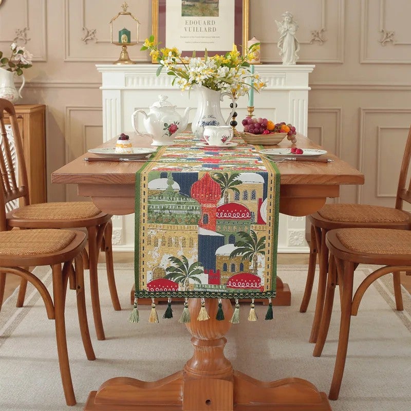 Bluejw ized 35*180cm Muslim Ramadan Print Jacquard Polyester Table Runner with Moon Star Design Eid Mubarak Tassels - Image 2